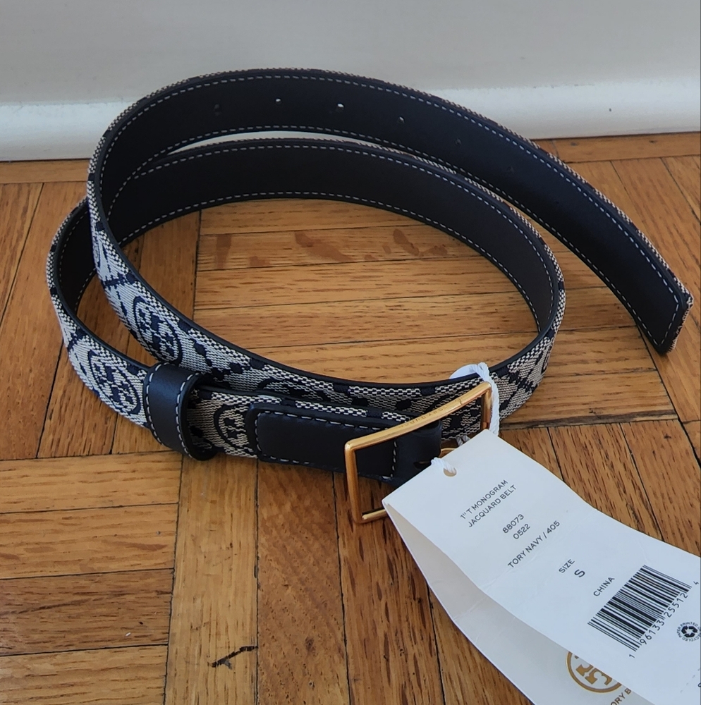 Brand New With Tags Tory Burch T Monogam Belt In Navy One Inch